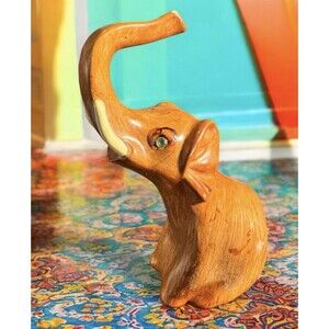 Vintage Faux Wood Art Deco raised trunk Elephant Made in Hong Kong 1960’s